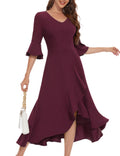 HomRain Vestidos para Invitadas a Bodas con Mangas Acampanadas, Largo Formal con Volantes y Abertura en el Dobladillo, Vestidos Elegantes De Mujer para Fiesta 2024, Borgoña XL