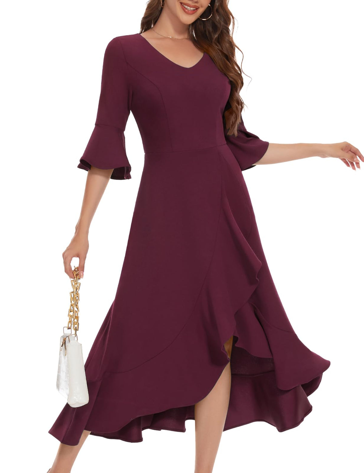 HomRain Vestidos para Invitadas a Bodas con Mangas Acampanadas, Largo Formal con Volantes y Abertura en el Dobladillo, Vestidos Elegantes De Mujer para Fiesta 2024, Borgoña XL