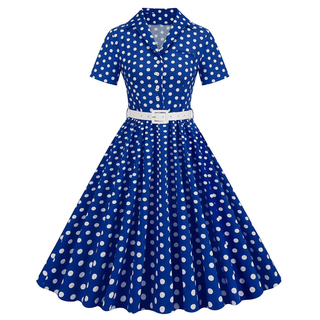 Vintage Dress for Women 1950s Polka Dot Dresses Retro Dresses Vestidos Mujer V Neck for Cocktail Prom Ball Tea Party Church Wedding 1960s Dresses A-Line Button Swing Dress Royal Blue Polka Dot XXL